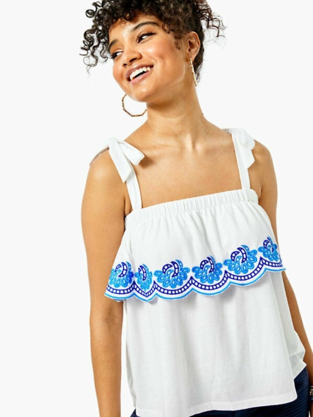 Lilly Pulitzer Benita Scalloped Blouse Tank Top Floral Embroidered XXS